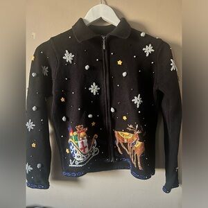 Festive Holiday Sweater Reindeer Snowflakes 90s Embroidered Cardigan Christmas